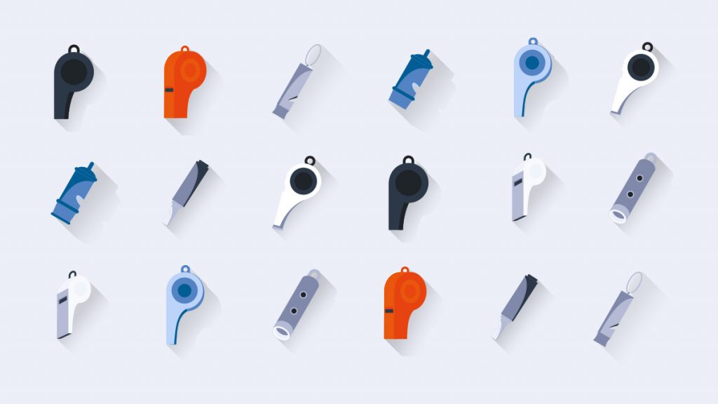 Whistleblowing illustration with whistles | integrityline.com