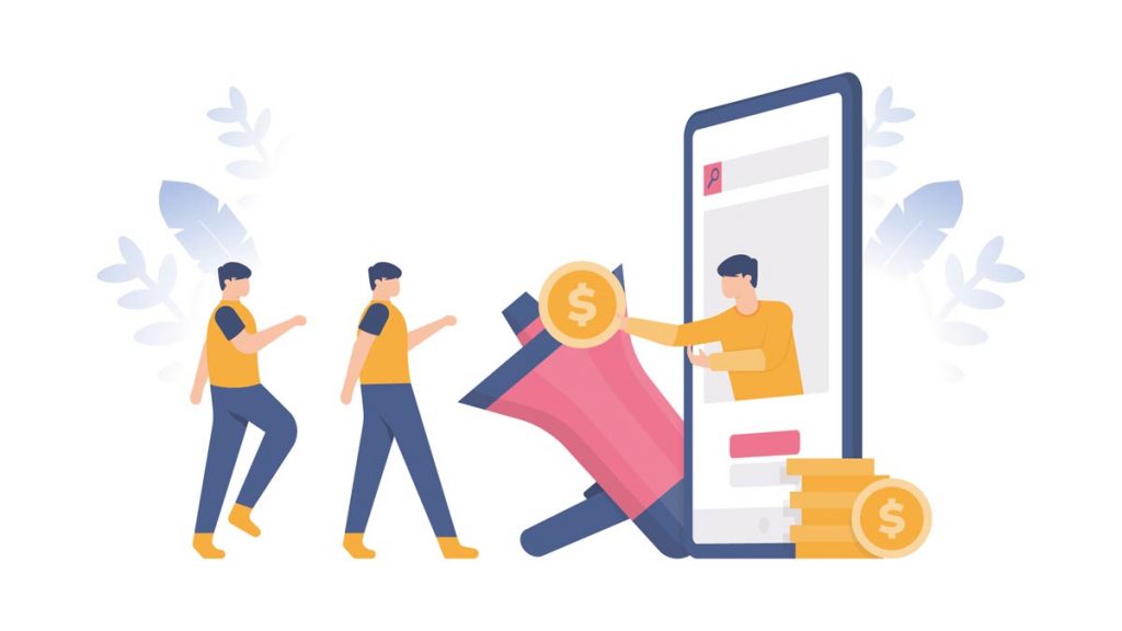 Illustration people walking to a mobile phone where another person is handing out coins.