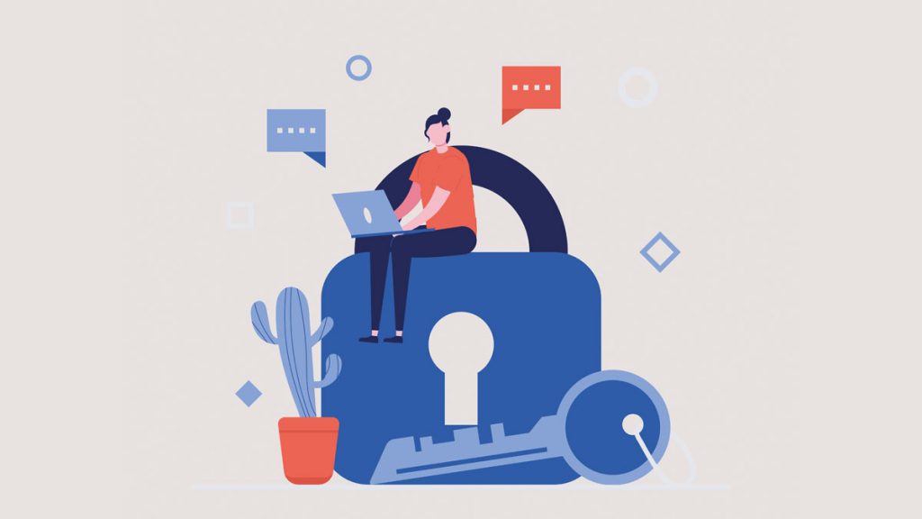Illustration woman sitting on a secure lock writing on her laptop